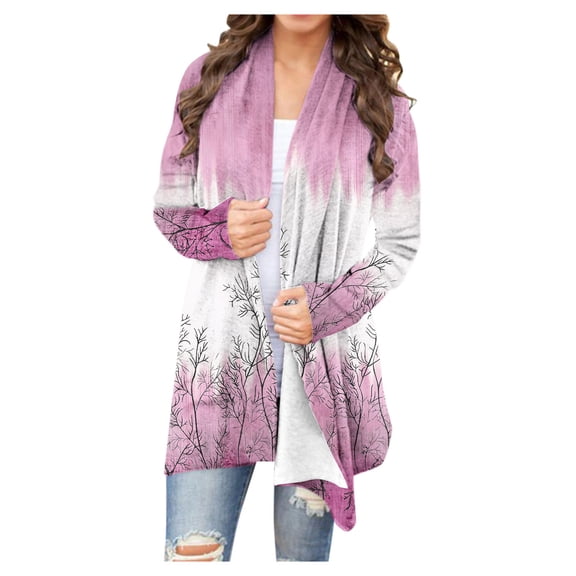DDAPJ pyju Lightweight Cardigans for Women 2023,Open Front Drape Cardigan Gradient Floral Print Boho Kimono Casual Long Sleeve Holiday Coats Fall Winter Mid-Length Thin Jacket
