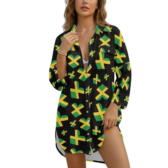 Xixirimido Heart Shape Jamaican Flag Print Stylish Women's Beach Cover Up Shirt Dress Long Sleeve Button Up Swim Cover Up with Side Slits for Vacation & Daily Wear, Size M