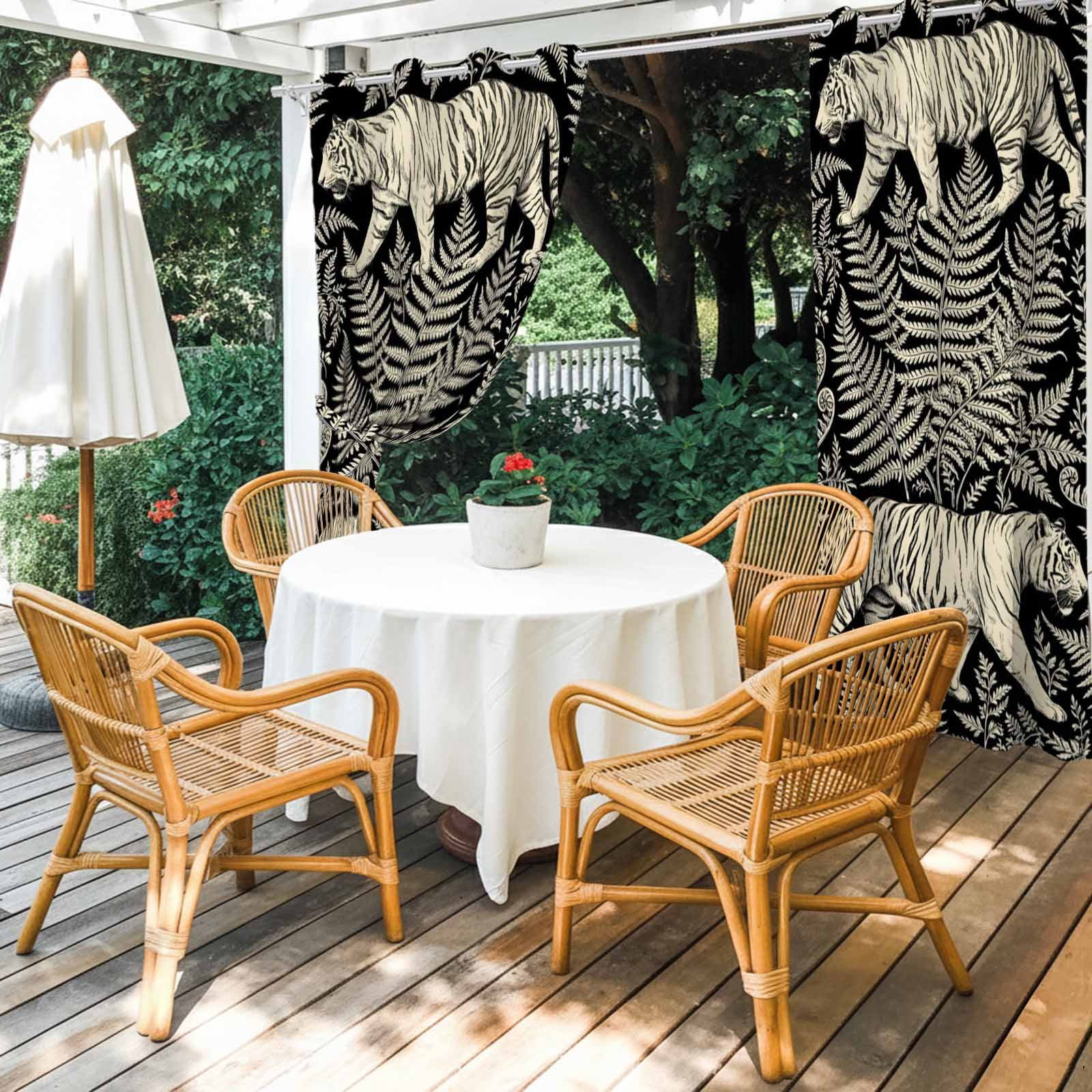Jungle Tiger Fern Outdoor Curtains for Patio, Black and Beige Tropical Leaves Wildlife Sunshade Privacy Drapes Grommet Waterproof Outside Curtains for Porch/Cabana/Balcony 54"x 108", 1 Panel