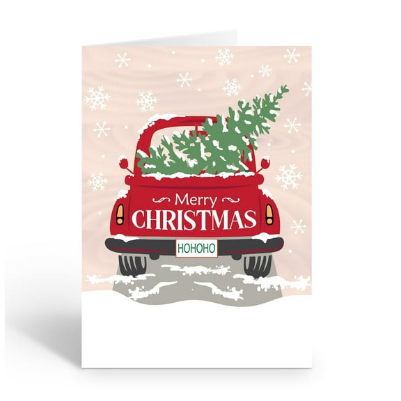Red Farm Christmas Truck with Christmas Tree in the Back Holiday Card - 12 Cards