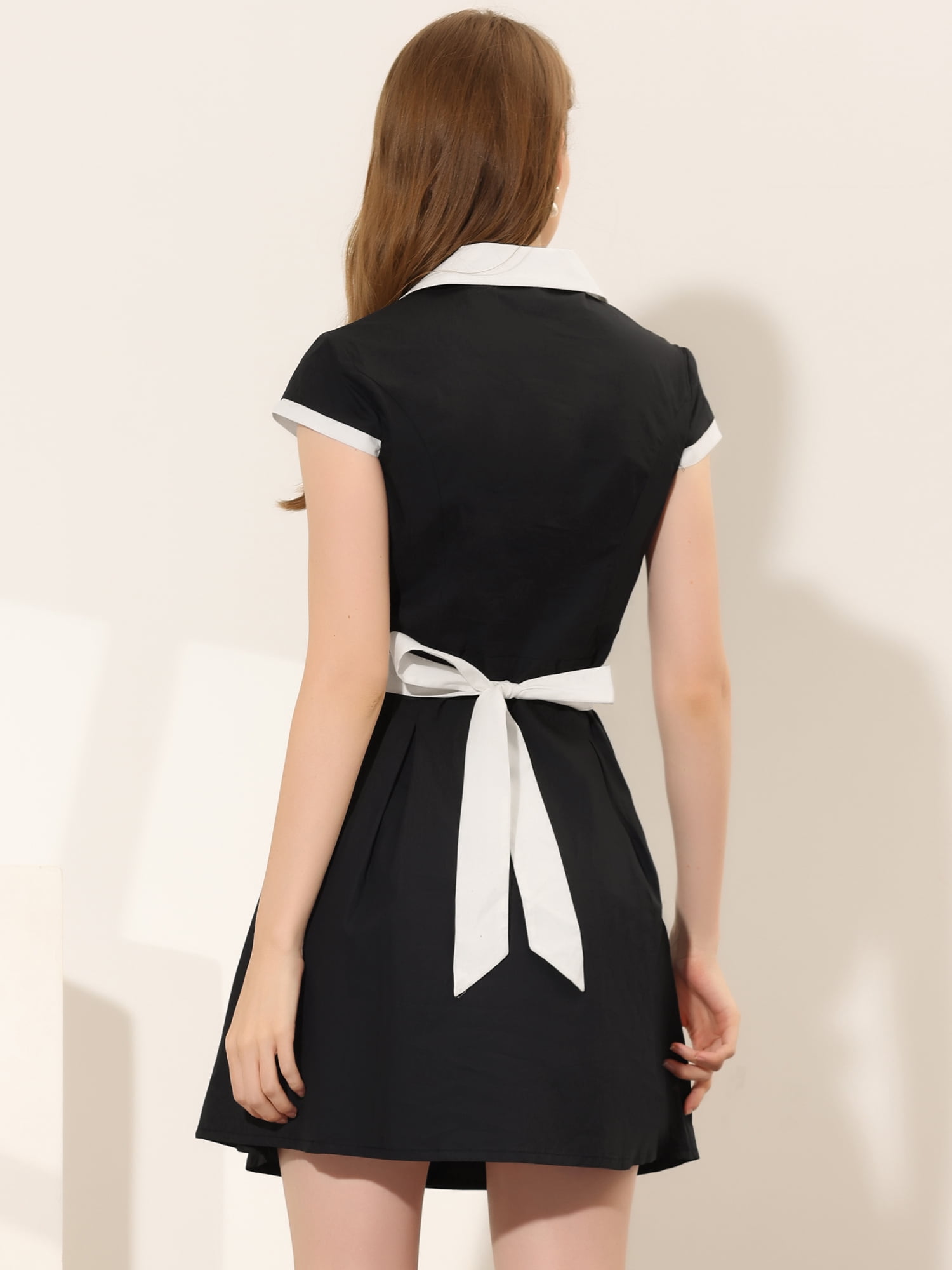DARING DIVA Belted Contrast Camp Collar A-Line Shirt Dress S Black
