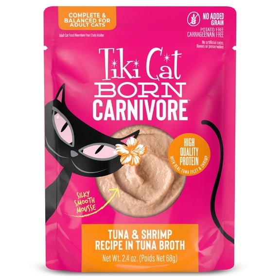 Tiki Cat Born Carnivore Wet Cat Food, Mousse, Tuna & Shrimp Recipe in Tuna Broth, 2.4 oz. Pouch