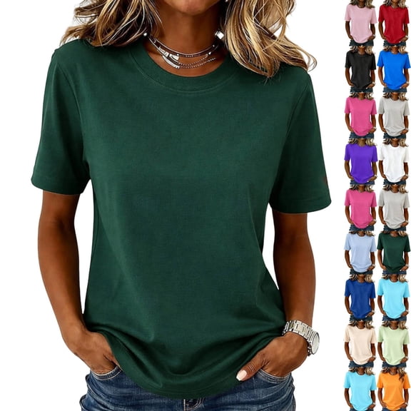 T Shirts for Women Short Sleeve Crewneck Cotton Tops Summer Casual Breathable Basic Tee Tshirt Dark Green S