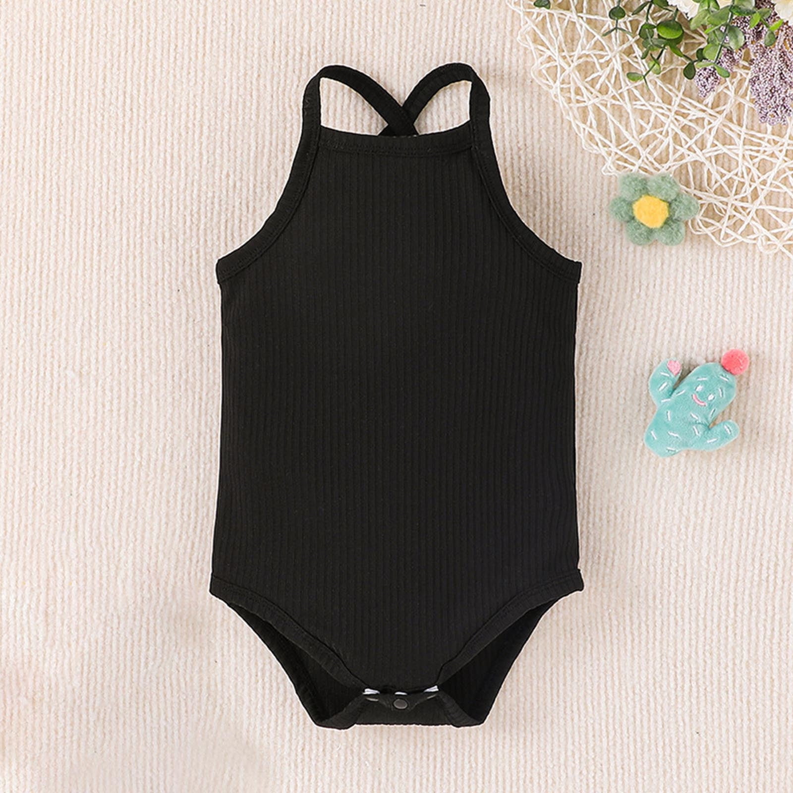Baby Cotton Bodysuit 3 Pack Sleeveless Ribbed Rompers Cross-Back Basic Onesies Unisex Casual Short Jumpsuits, Black, 6 Months