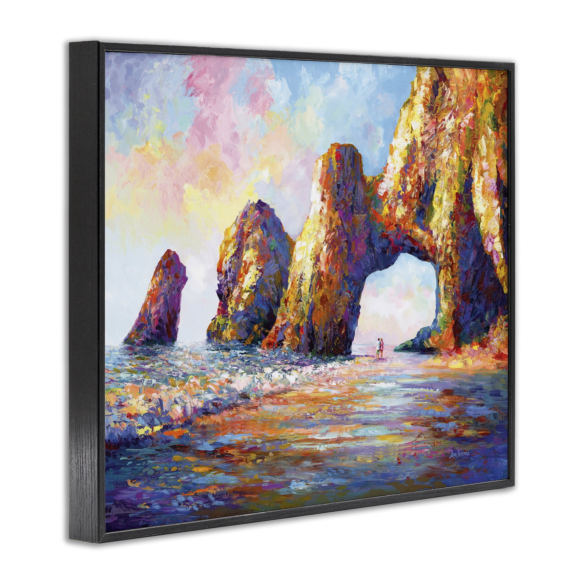 Stupell Industries Couple Strolling Beach Arch Landscape Painting Black Framed Art Print Wall Art, 14 x 11