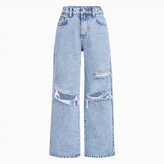 TOWED22 Girls Ripped Jeans, High Waist Baggy Wide Leg Denim Pants, Y2K Streetwear, Trendy Clothes for Teens,Light Blue,7-8 Y