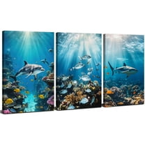 Blue Beach Bathroom Wall Art Under Sea World Photo Prints Kids Bathroom Ocean Fish Shark Dolphin Wall Decor Coastal Seascape Pictures Canvas Artwork for Living Room Bedroom Home Decorations