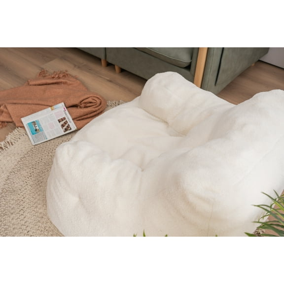 Lisonu Teddy Fabric Bean Bag Chair, Ivory White Tufted Lounge Chair with Memory Foam Fill & Ergonomic Backrest, Cozy Accent Chair for Living Room, Bedroom, Kids, No Assembly