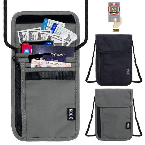 Luxtrada Passport Holder Neck Wallet RFID Travel Wallet for Men, Women , Anti Pickpocket Neck Crossbody Waist Pouch for Cruise, Gym, Hiking & Everyday Use (Gray)