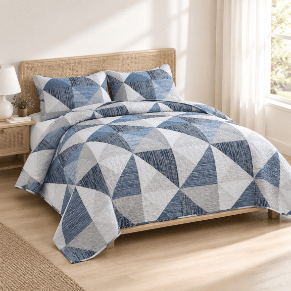 Full Quilt Set Blue Geometric Bedspread With 2owcases