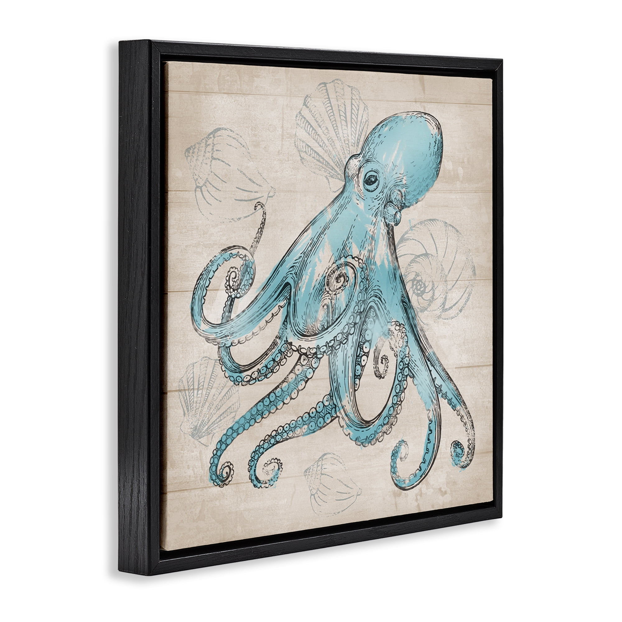 Stupell Industries Vintage Drawn Octopus Animals Painting Black Floater Framed Canvas Art Print Wall Art, 18 x 18