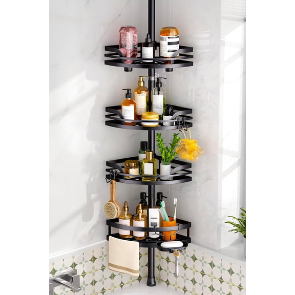 Shower Caddy Tension Pole: Rustproof Bathroom Corner Shelf for Renters, 47-121inches Adjustable Organizer with Soap Holder-Large Capacity Rack for Shampoo Storage Home Accessory - Black