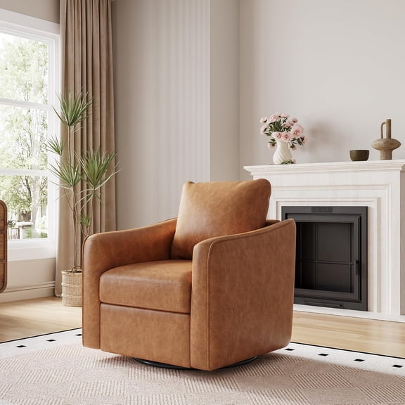360 Swivel PU Leather Accent Chair with Lumbar Pillow for Living Room Brown