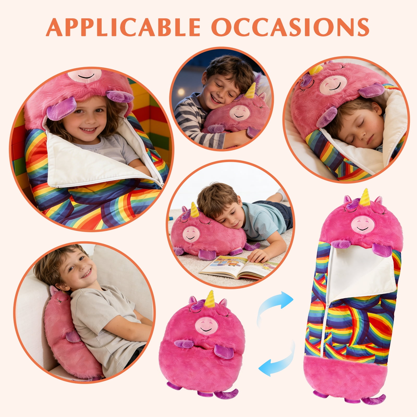 Kids Unicorn Sleeping Bag with Pillow - 2-in-1 Foldable, All Seasons, Soft & Warm (45"x19")-Pink