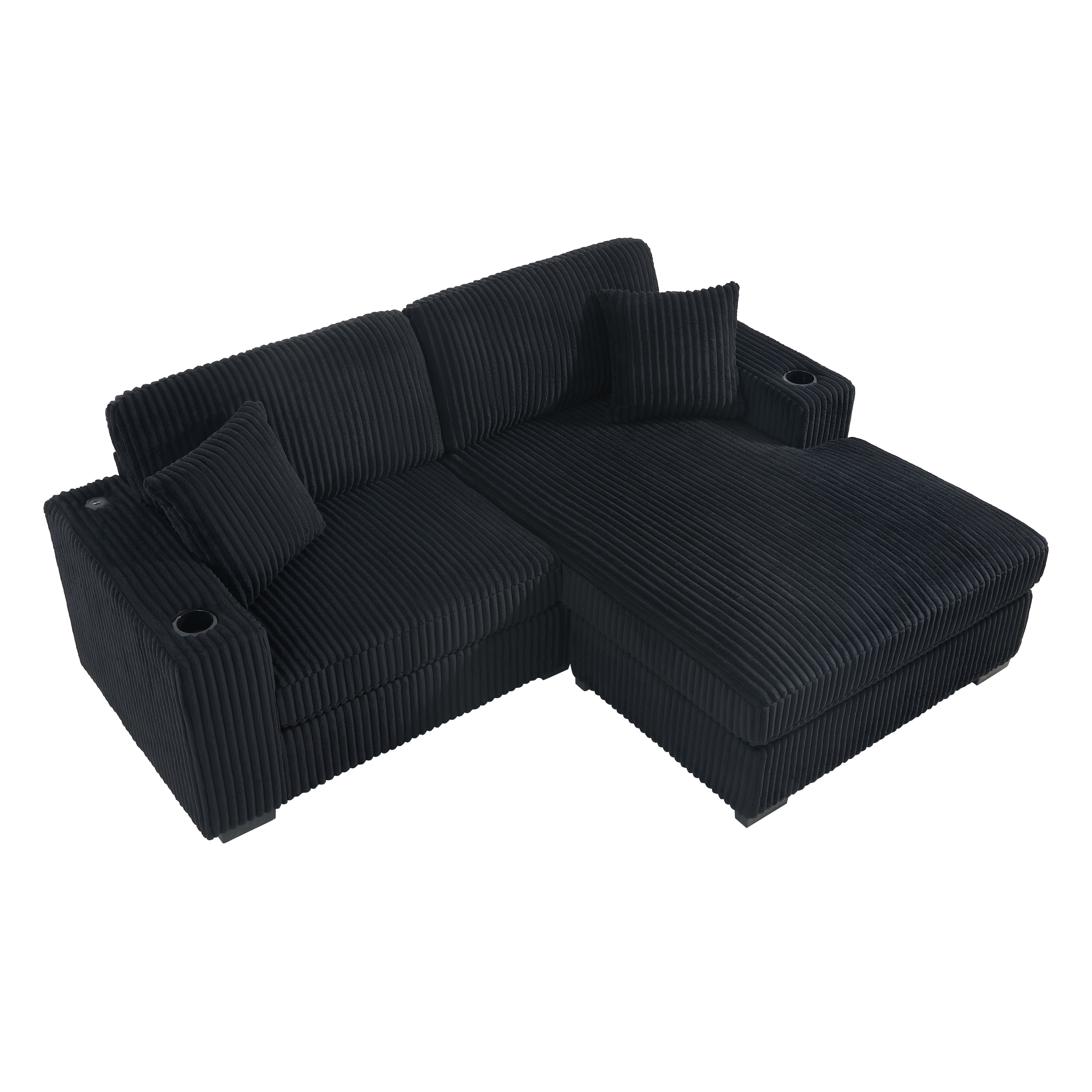 GARITIN L Shaped Sectional Sofa 86.5 Inch, Corduroy Upholstered Couch with Cup Holders and Charging Ports for Living Room, Black