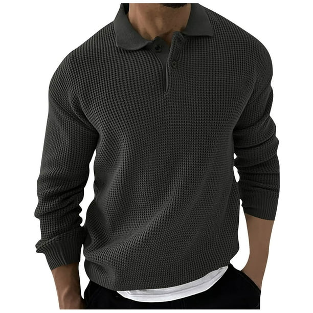 Blusa y camisa de manga larga con cuello vuelto para hombre, suéter holgado con botones y solapa, blusa de manga larga con solapa para hombre