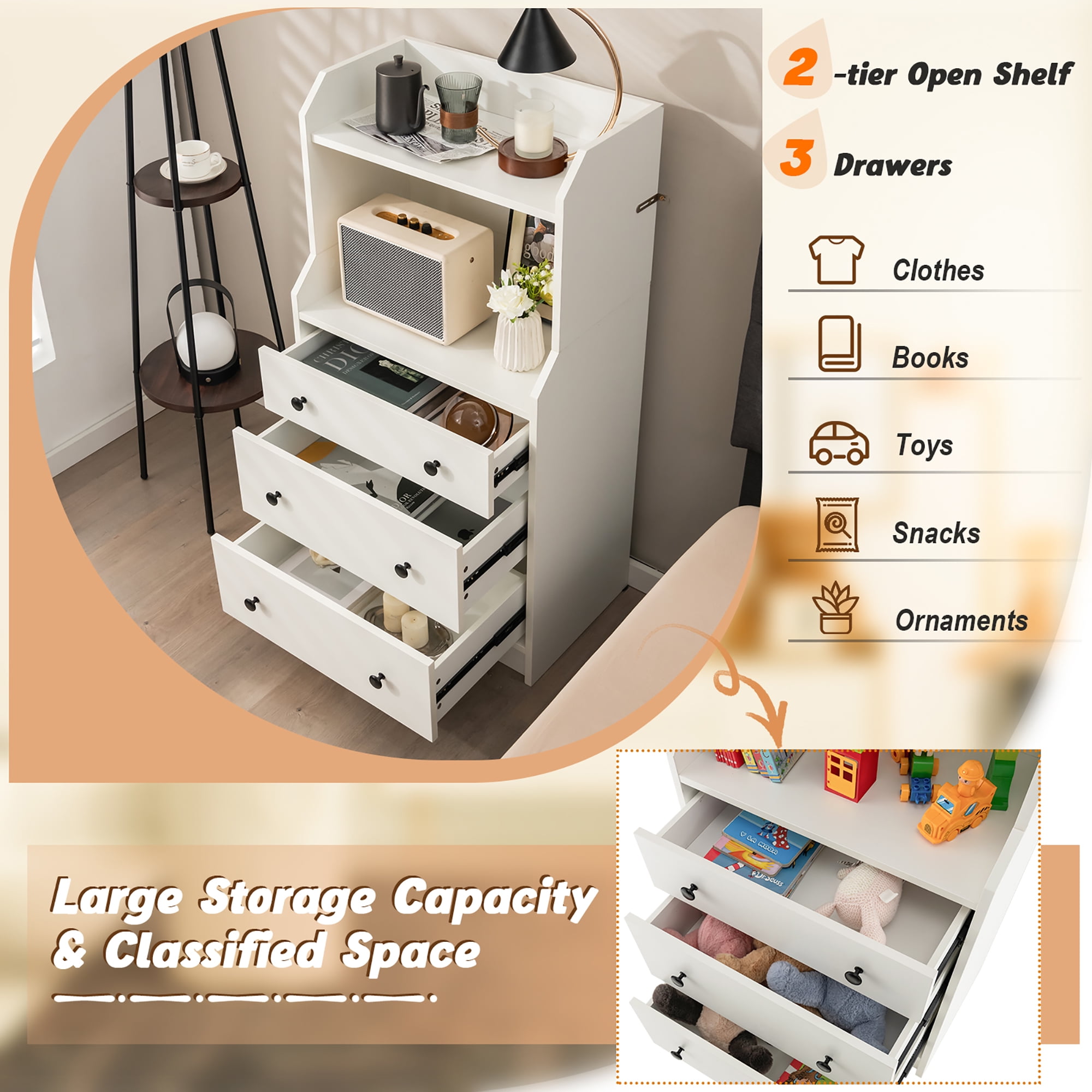 Gymax 3-Drawer Dresser 44'' Tall Wood Storage Organizer Chest w/ 2 Open Shelves White