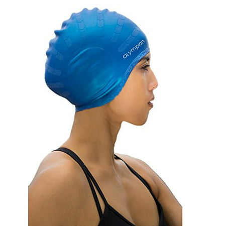 BEST SWIM CAP FOR WOMEN WITH LONG HAIR, Olympian Swimming Caps Designed for Deluxe Comfort, Made with Premium Silicone to Protect Girls Hair, Colors are Black, Blue, &