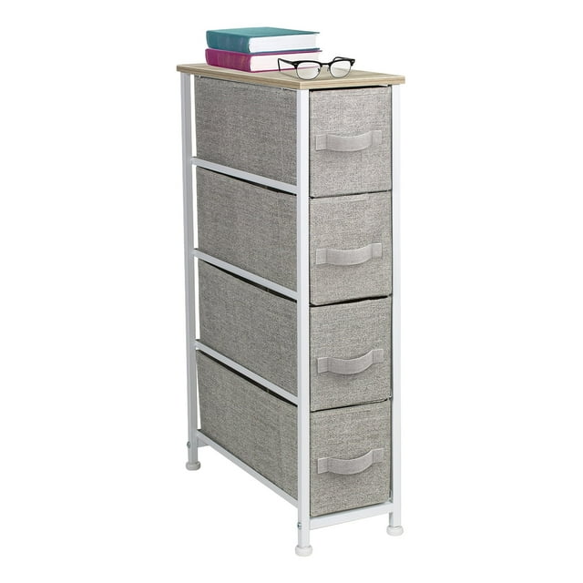 Sorbus Cómoda Estrecha con 4 Cajones: Almacenamiento Vertical para Recámara, Baño, Lavandería, Armarios y Más, Estructura de Acero, Superficie de Madera, Compartimentos de Tela Fáciles de Extraer (Bei