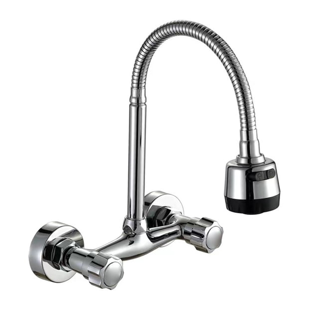 Dual Handle Kitchen Faucet Wall-Mounted Two-Handle Sink Mixer 360° Rotatable