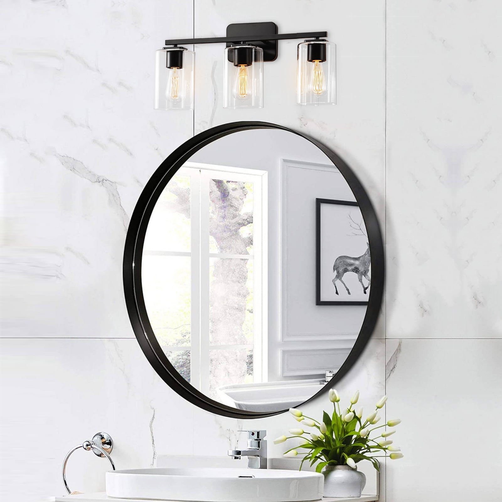 KAWOTI 3-Light Bathroom Light Fixtures Dimmable Vanity Light with Square Glass Shade