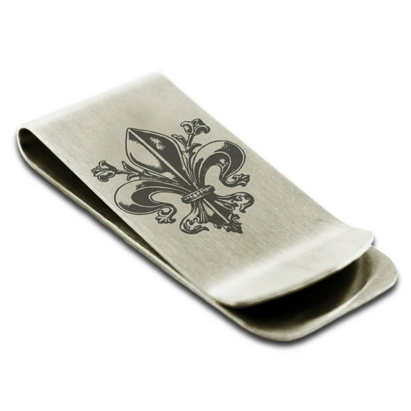 Stainless Steel Antiue Fleur De Lis Engraved Money Clip Credit Card Holder