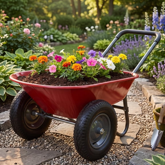 Garden Wheelbarrow Cart with Built-in Stand, 2-Wheel 600 lb Capacity Utility Wagon for Yard Work, Planting & Outdoor Transport, Red