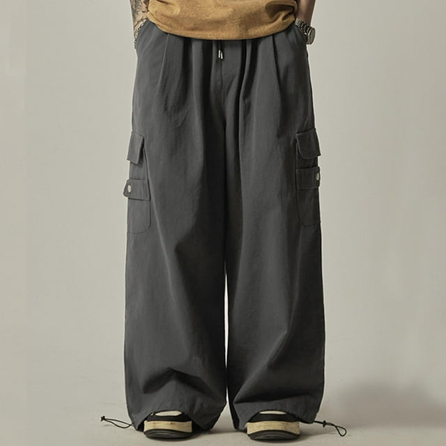 asjyhkr Cargo Pants for Men Wide Leg Elastic Waist Drawstring Hiking Camping Work Pants with Multi Pockets