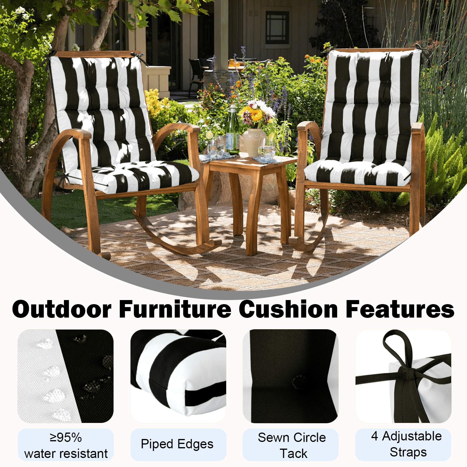Vacmaster Patio High Back Chair Cushions Set of 2 - Outdoor Dining Chair Pads,Waterproof Replacement Seat Pad,for Rocking and Lounge Chairs,Indoor & Outdoor Furniture Cushions,Black White Stripes