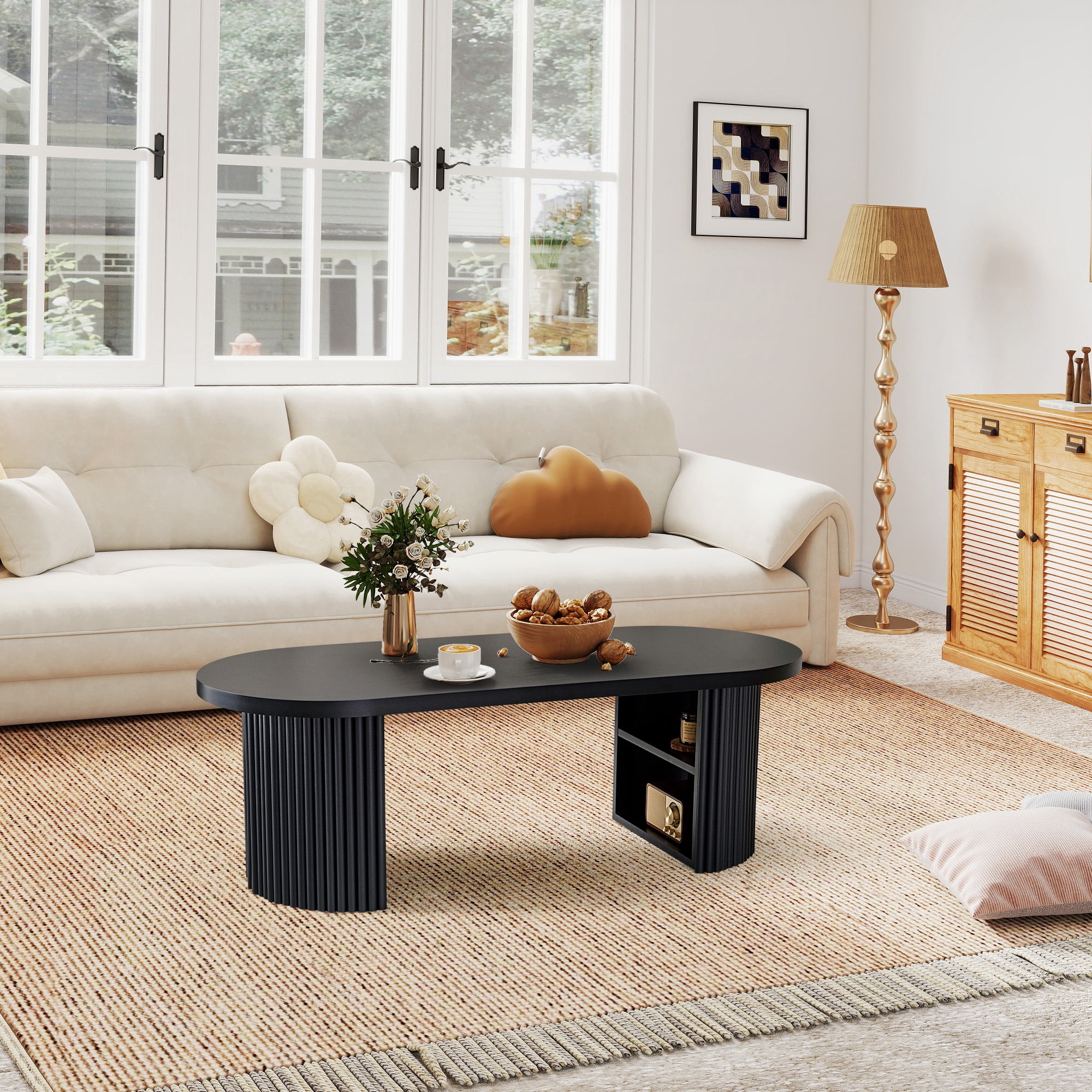 Wirrytor Mid-Century Oval Fluted Coffee Table with Hidden Storage, 47" Wood Center Table for Living Room, Black