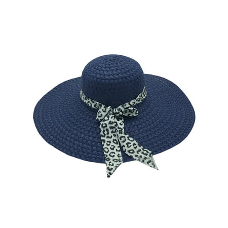 Womens Summer Beach Panama Straw Hat Wide Brim Leopard Bow Floppy Straw Sun Caps