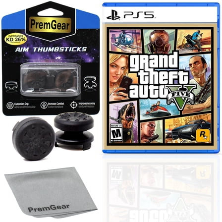 Grand Theft Auto V for Playstation 5 Official Videogame, with 2 PremGear ThumbSticks (1 High-Rise, 1 Mid-Rise) & Cleaning Cloth