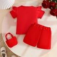 thumbnail image 7 of CUZIBR Toddler Girls Solid Color Outfits 3 Piece Crewneck Ribbed Ruffles Short Sleeve Tops T Shirt A-Line Floral Pleated Skirts With Bag Trendy Elegant Party Dailywear,Red,9-12 Months, 7 of 7