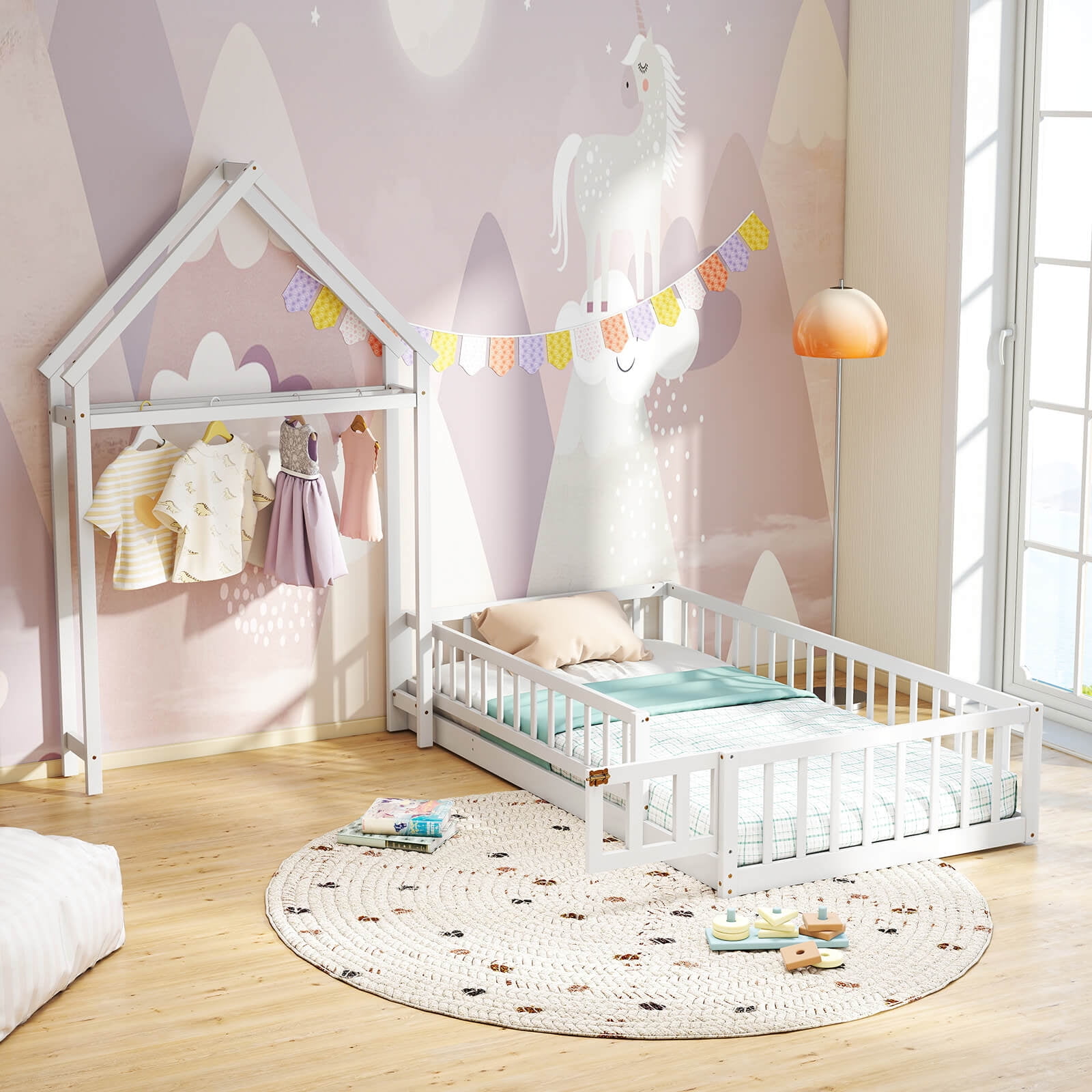 Infans Twin Size House Floor Bed w/House-shaped Headboard Clothes Hanger without Slats