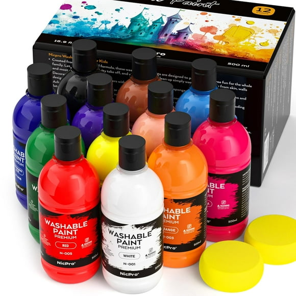 Set de pintura Nicpro 12 colores, 500 ml, acrílico lavable para niños