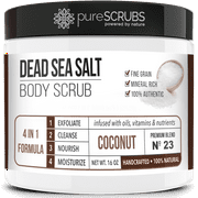 pureSCRUBS Premium Organic Body Scrub Set - Large 16oz COCONUT BODY SCRUB - Pure Dead Sea Salt Infused With Organic Essential Oils & Nutrients   FREE Wooden Spoon, Loofah & Mini Exfoliating Bar Soap