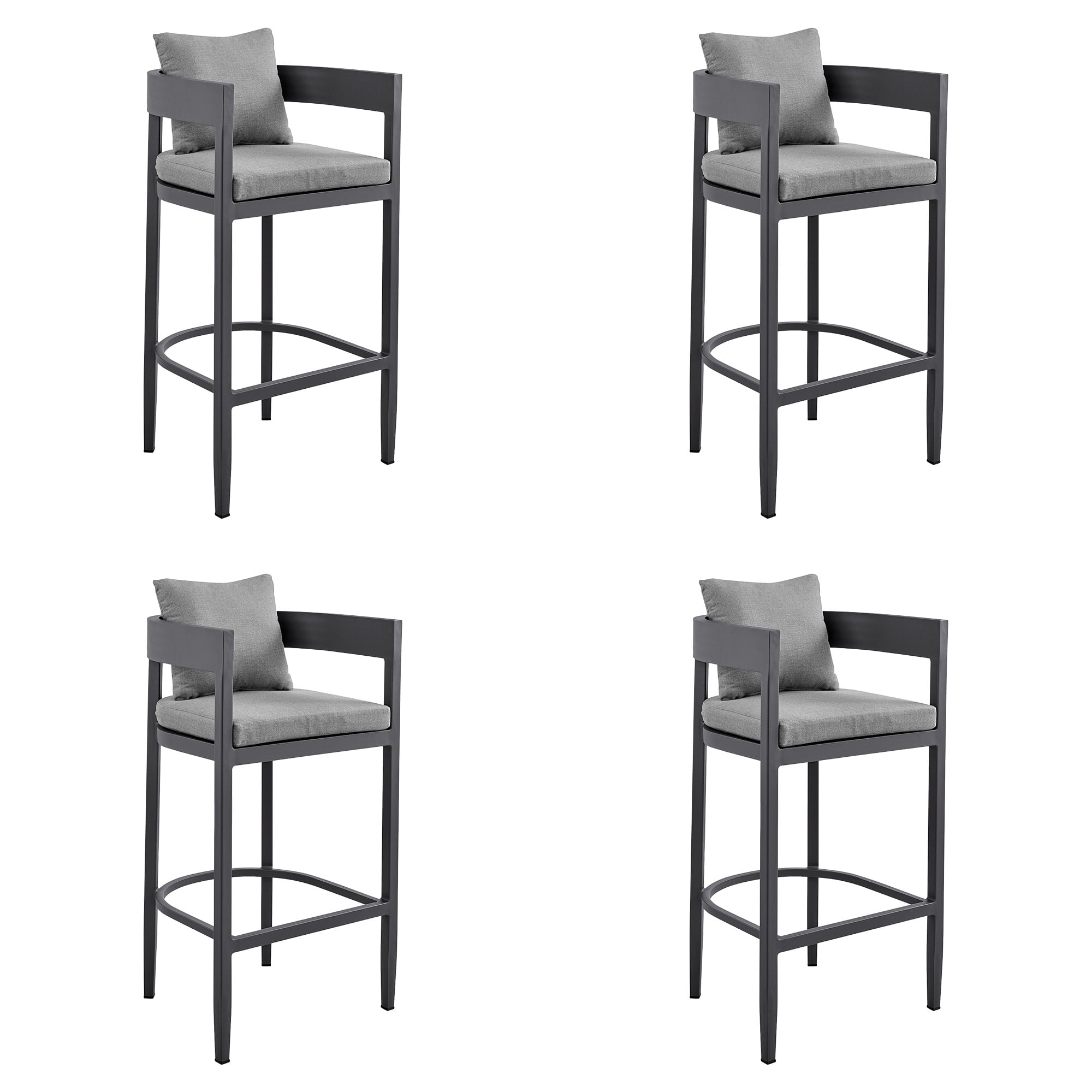 Menorca Outdoor Patio Counter Height Bar Stool in Aluminum with Gray Cushions - Set of 4