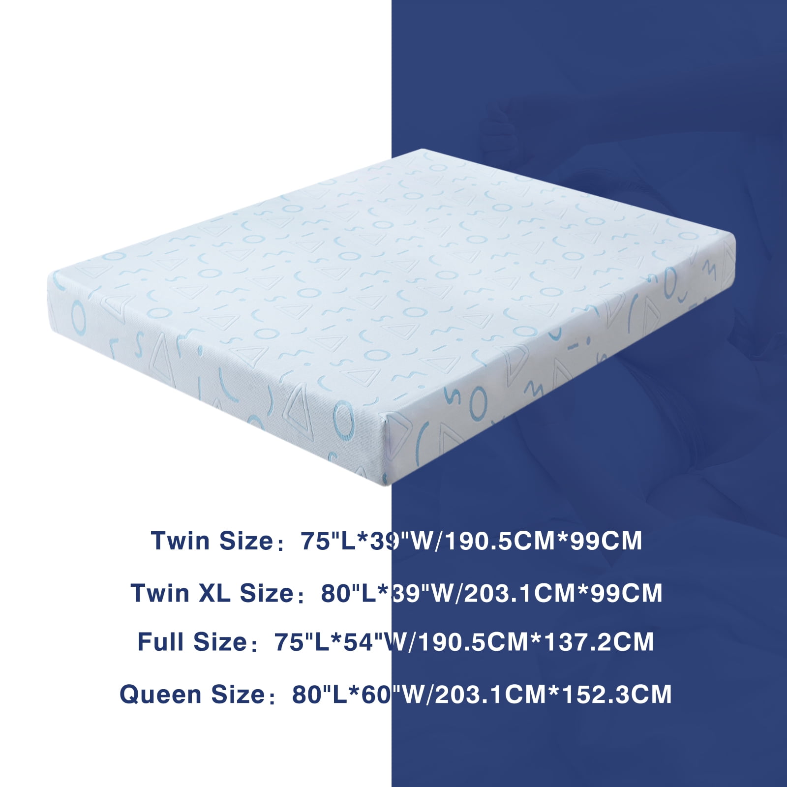 6" TwinXL Mattress, Removable and Washable Cover, Cooling Memory Foam with Geometric Pattern, Medium Touch, Bed in a Box, CertiPUR-US Certified, White/Blue