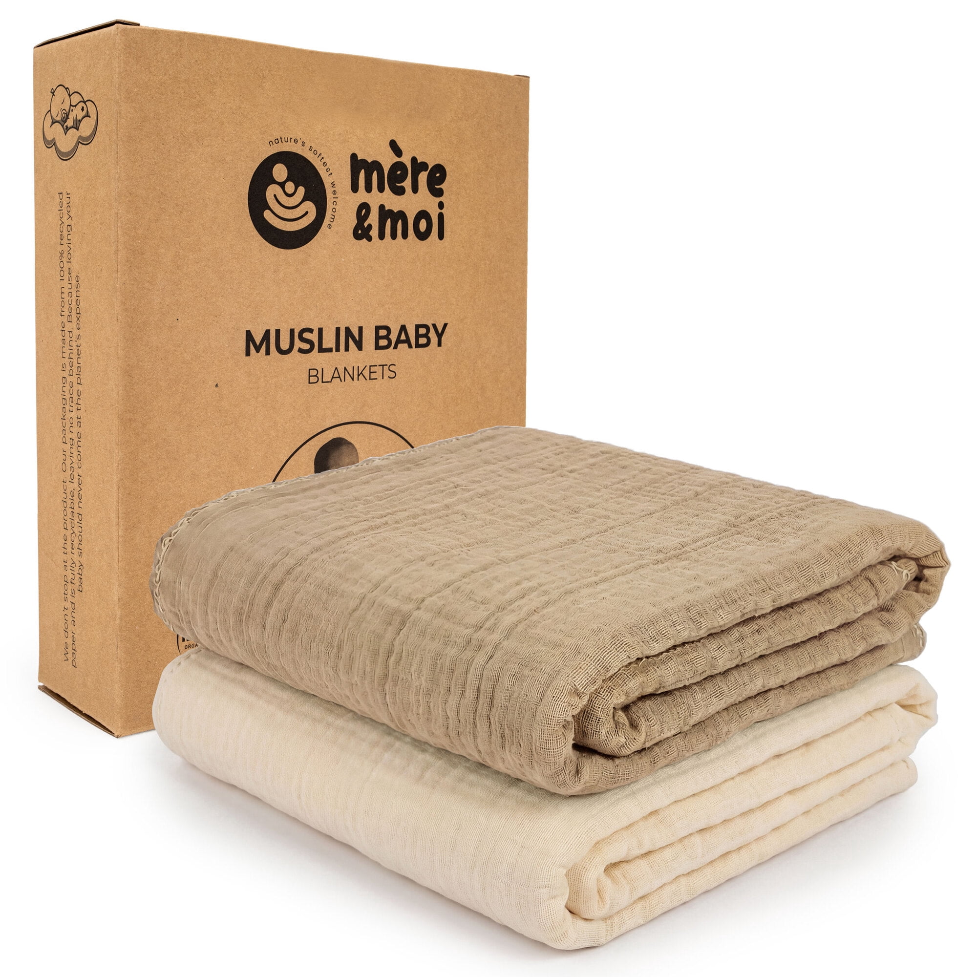 Mère & Moi: Muslin Baby Blanket – 2 Pack, Sand & Cream - 40x36", Double Layer Cotton Swaddle, Lightweight-Breathable, Oeko-TEX, Newborn-Toddler Wrap