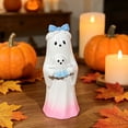 thumbnail image 3 of XHKUYI Halloween Ghost Figurine 3.15 inch, Resin Blue Bow Ghost Statue Holding Mini Ghost, Halloween Tabletop Figurine for Home Shelf Party Display, 3 of 6