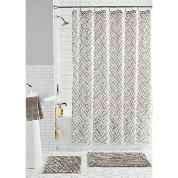 Mainstays 15-Piece Geometric Polyester Shower Curtain Set, Beige