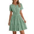 thumbnail image 3 of cocolona Womens Short Sleeve V-Neck Elastic Waist Dresses Summer Casual Solid Color Pleated Mini Dress Vacation Beach Sun Dress, 3 of 7