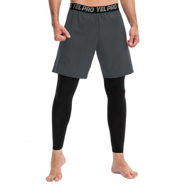 Pantalones de correr 2 en 1 para hombre Bolsillos con cintura elástica Leggings elásticos que absorben la humedad