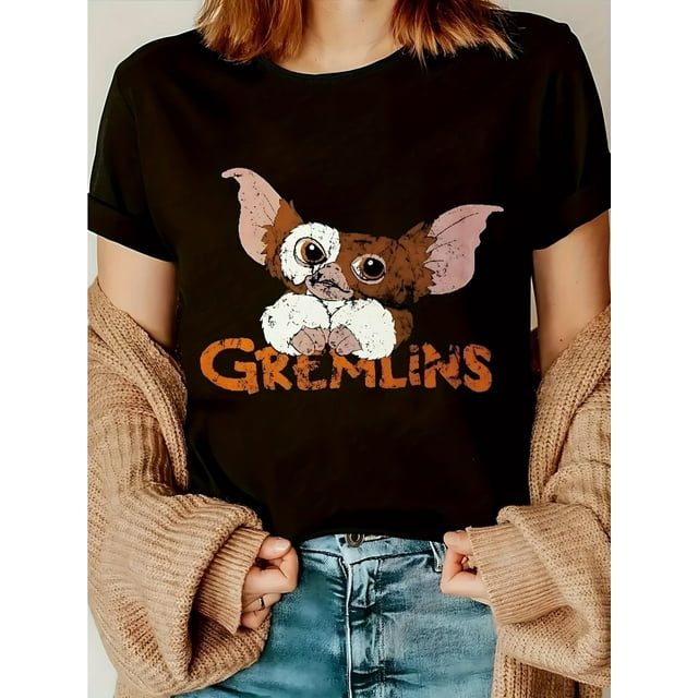 Women'S Casual Crew Neck T-Shirt with Cartoon Gremlin Print, 100% Cotton Knit Fabric, Short Sleeve Regular Length Top for All Seasons
