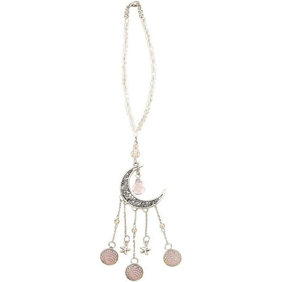 Moon Car Hanging Ornament Natural Crystal Car Mirror Dangling Accessories Pink Glass Bead Rear View Mirror Car Charm Alloy Moon Pendant Decoration for Car Interior Door Balcony Home Decor DIY
