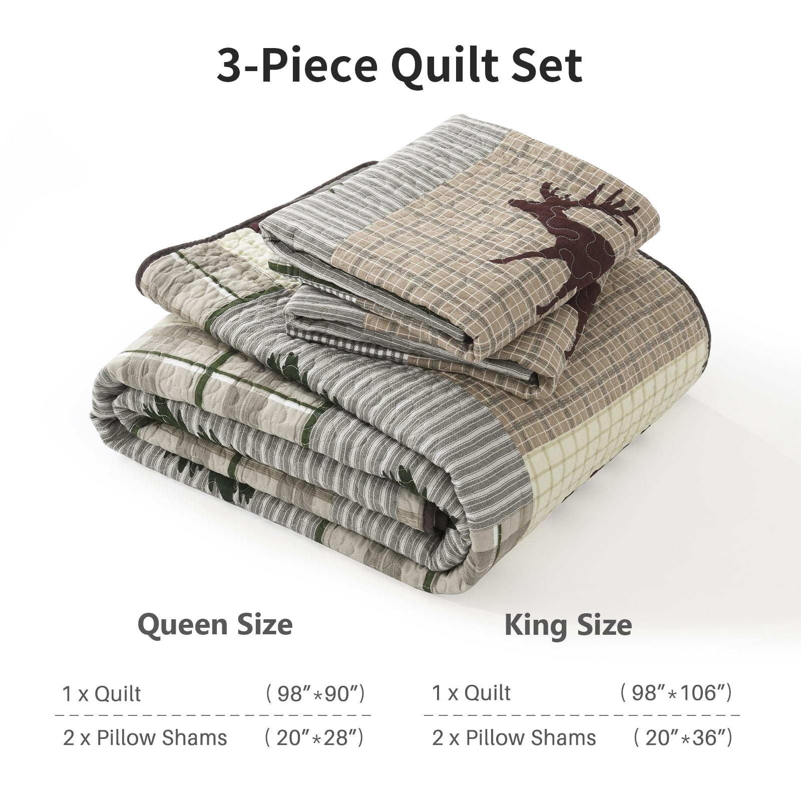 DDUOXIN Farmhouse Cotton Queen Quilt Set - 100% Cotton Brown Gray Patchwork Plaid Rustic Cabin Queen Size Bedspread, Neutral Lightweight Reversible Quiltd Coverlet Set with 2 Pillow Shams, 3 Piece
