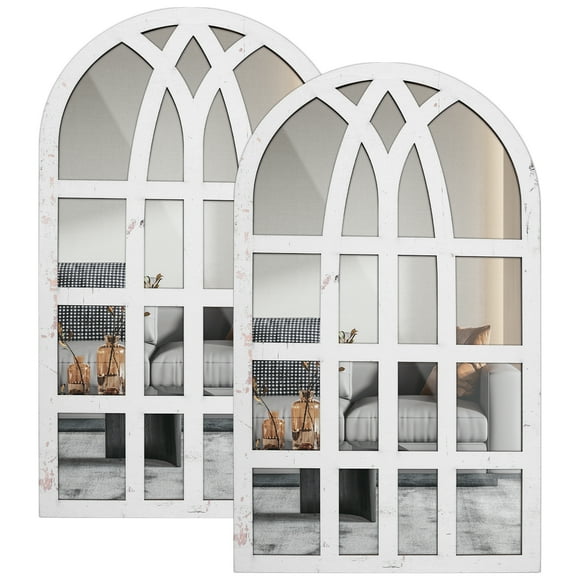 Qenwkxz 17.55" x 12.48" White Retro Arched Window Decal Wall Mirror, Set of 2