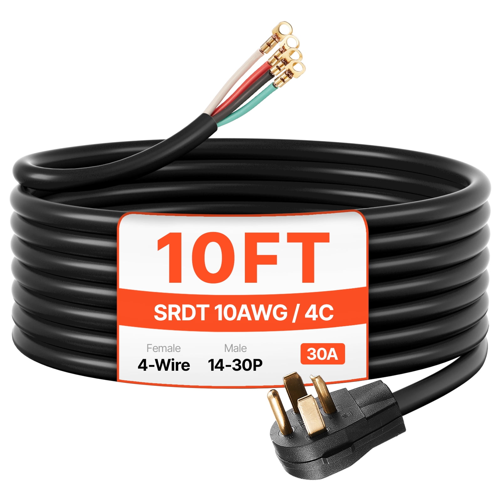 VEVOR 10 ft Dryer Power Cord, 4-Prong NEMA 14-30P Appliance Dryer Cord with Eyelet Connectors, 125V/250V, SDRT 10AWG/4C, 30A, Pure Copper Wire Cable with PVC Cable Tie, Ideal for Indoor & Outdoor Use