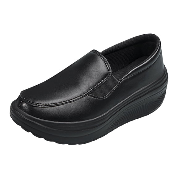 Womens Platform Wedge Loafers Slip On Leather Walking Shoes Lightweight Non Slip Low Top Dress Shoes with Elastic Band Black Size 9