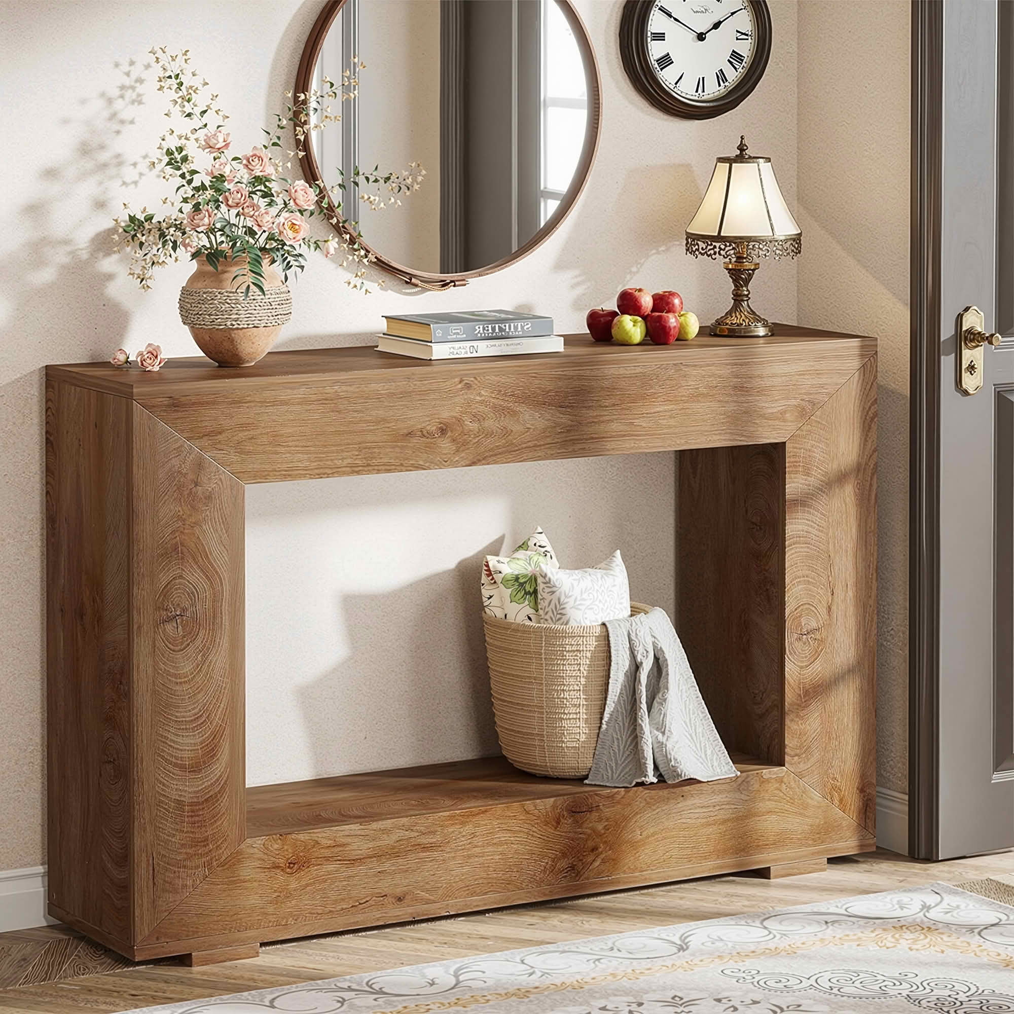 MAYEERTY 47.2" Farmhouse 2-Tier Console Table, E1 MDF Square Leg Entryway Sofa Table with Adjustable Anti-Slip Pads